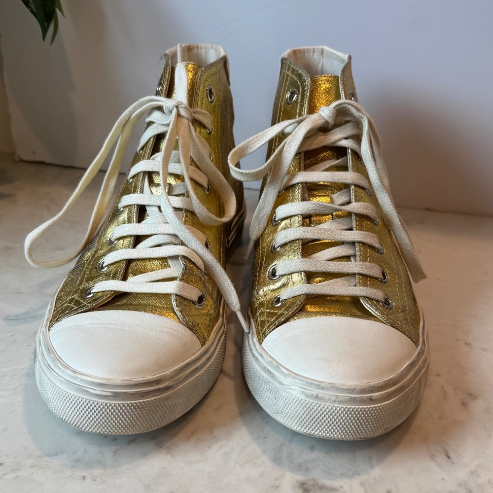 Distressed Calfskin Bedford Logo-Appliqued Hightop Sneakers 6.5 Gold Cream White - Picture 4 of 14